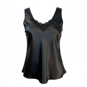 Vintage Escapades Black Satin Lace Trim Women's Tank Top Sexy Camisole Large‎